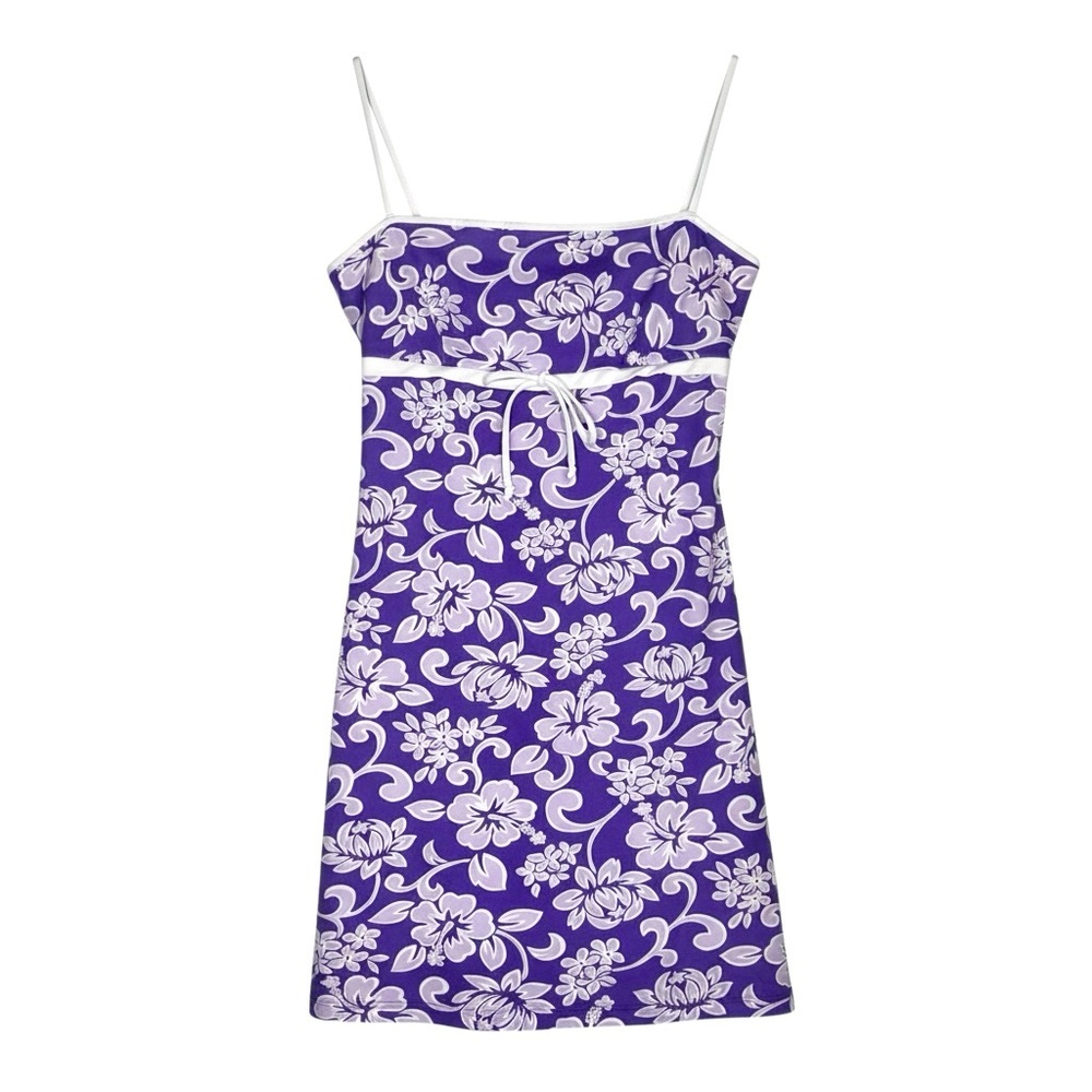 Vintage Y2K Purple Hawaiian Floral Mini Slip Dress Cami Tropical USA Medium